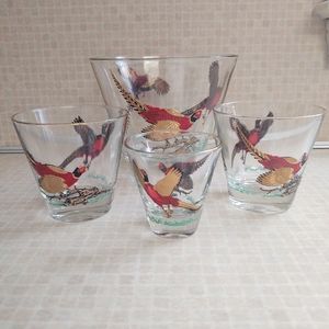 Vintage Glass Hazel Atlas Pheasant Hunting Red, Gold Ice Bucket/Bowl & Glasses